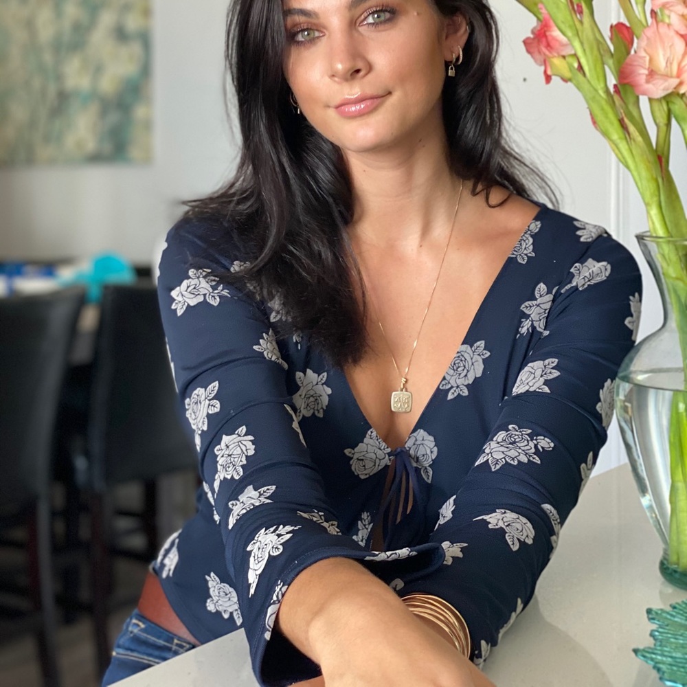 Motel Rocks Navy and Rose Tie Top w/Bell Sleeves